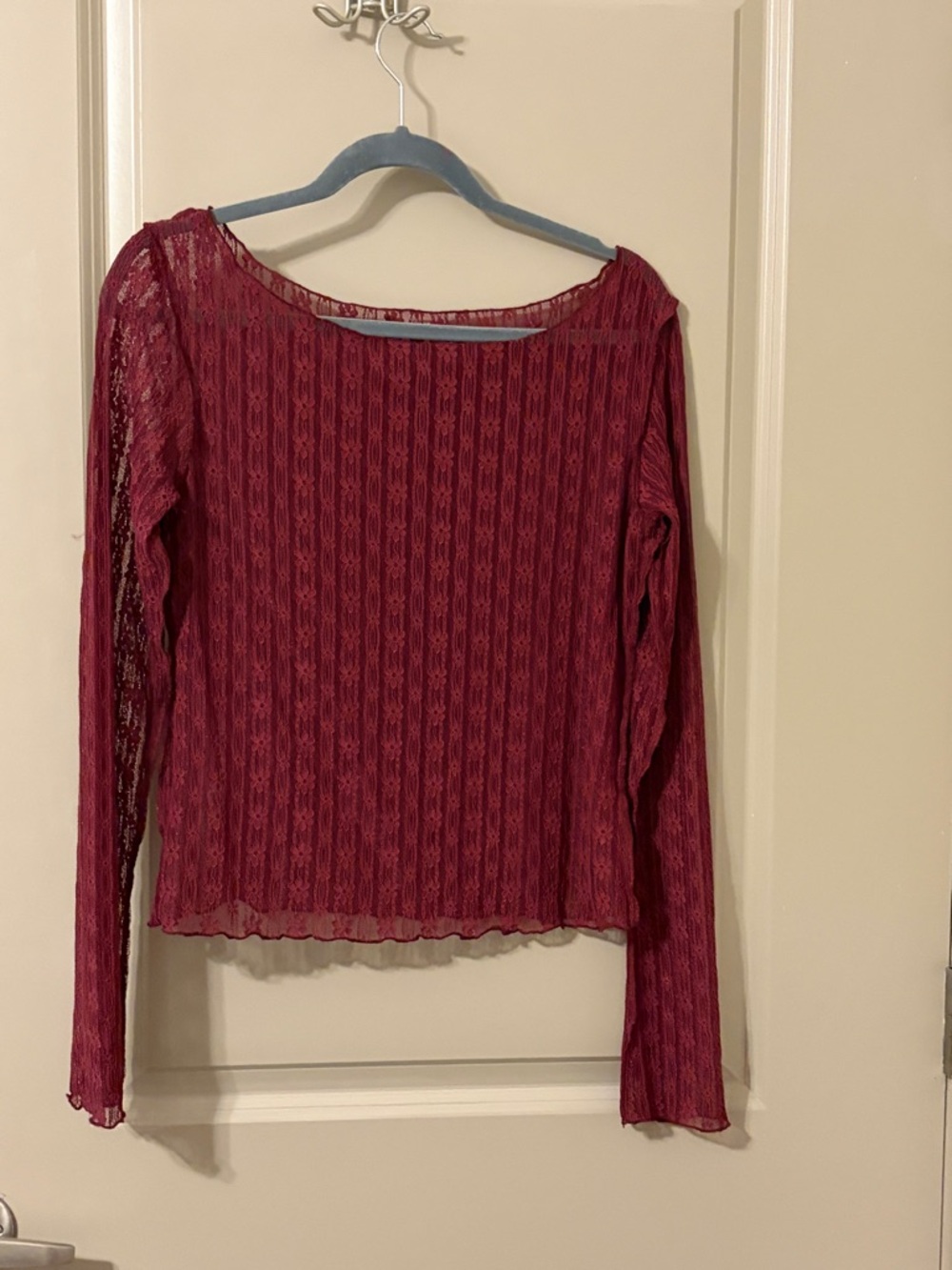 bohme Long-Sleeve Lace Knit Top in Burgundy Wine